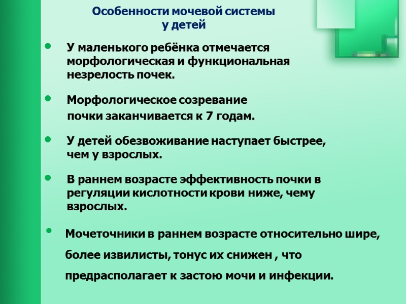 Особенности мочевой системы  у детей У маленького ребёнка отмечается морфологическая и функциональная незрелость